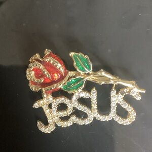 Gold and Red Rose Jesus Brooch